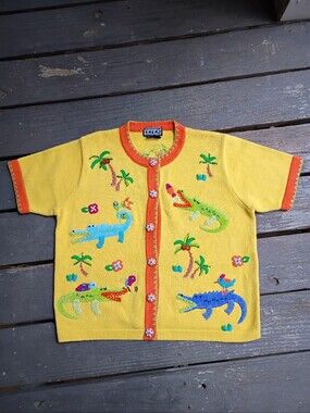 Berek Vintage Alligator Bird Short Sleeve Yellow Sweater Women's Medium